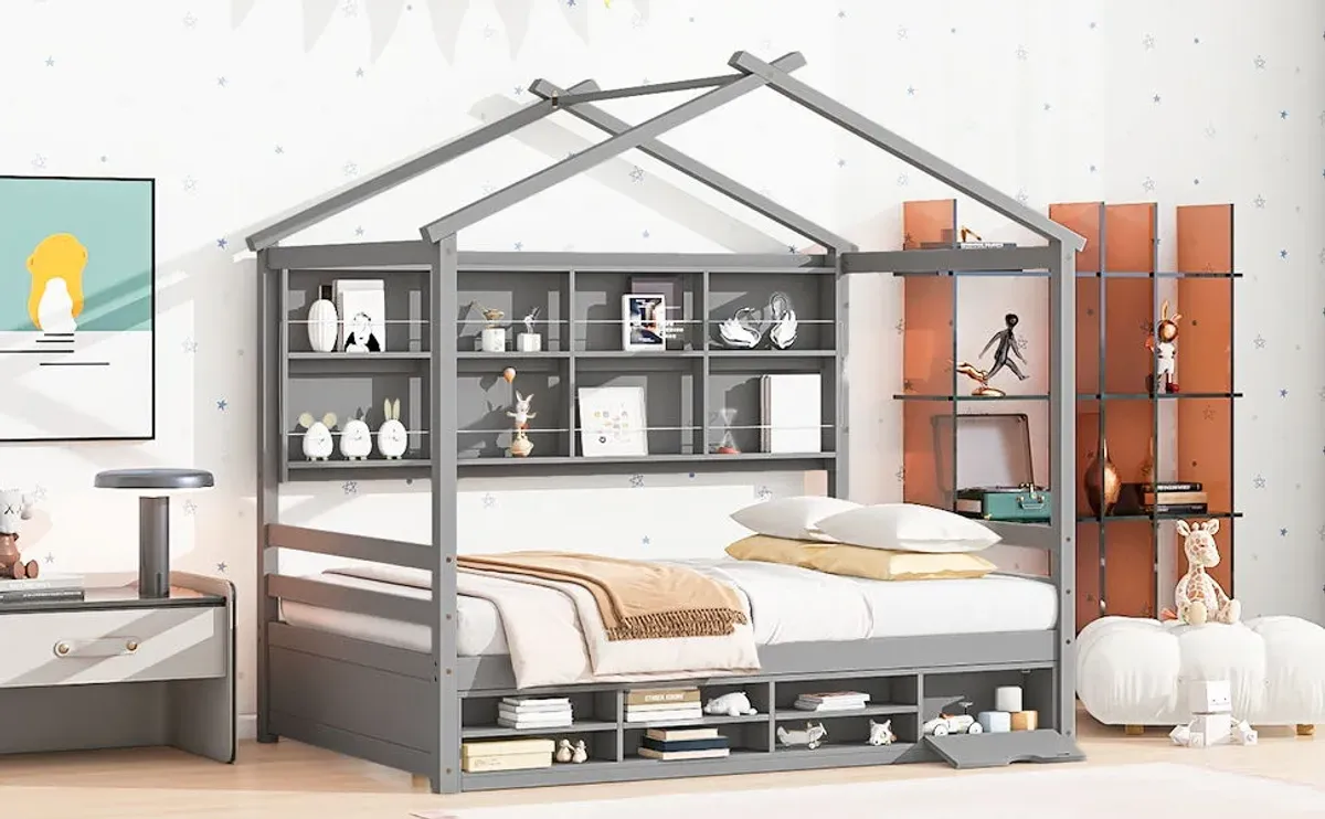 House Bed With Roof Frame, Bedside-Shelves, Under Bed Storage Unit