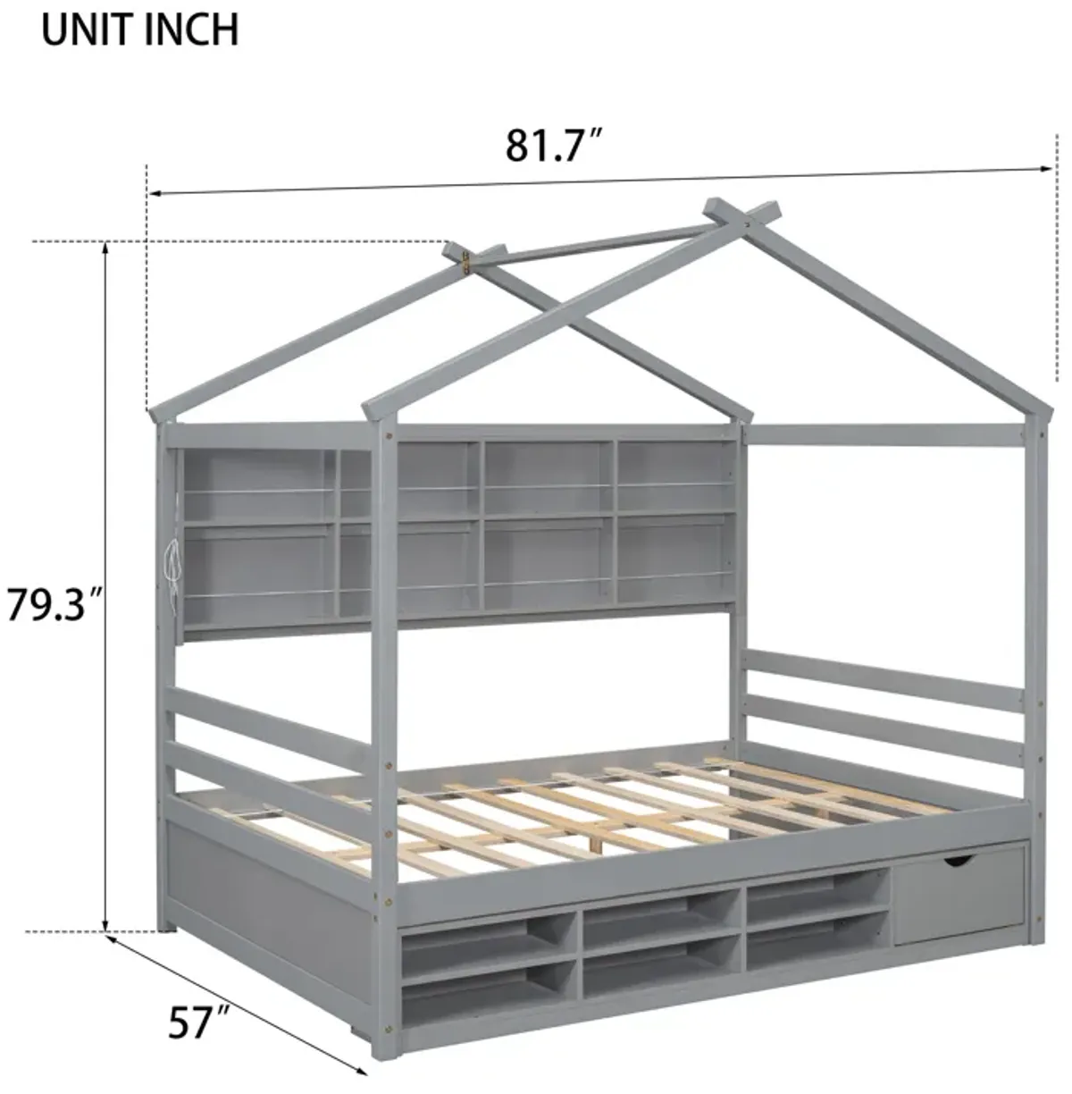 House Bed With Roof Frame, Bedside-Shelves, Under Bed Storage Unit