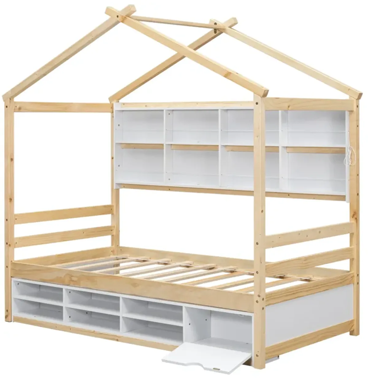 House Bed With Roof Frame, Bedside-Shelves, Under Bed Storage Unit