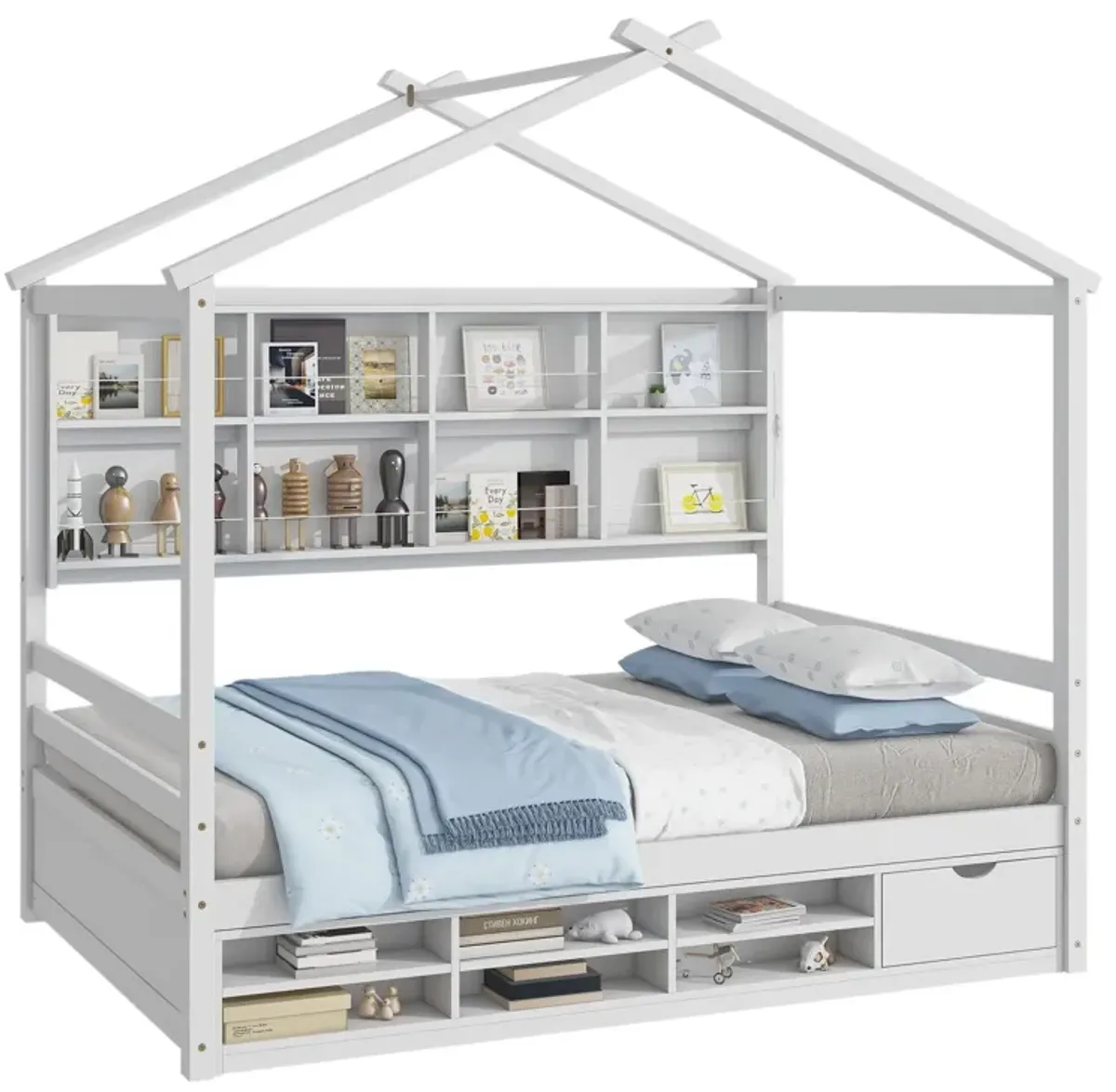 House Bed With Roof Frame, Bedside-Shelves, Under Bed Storage Unit