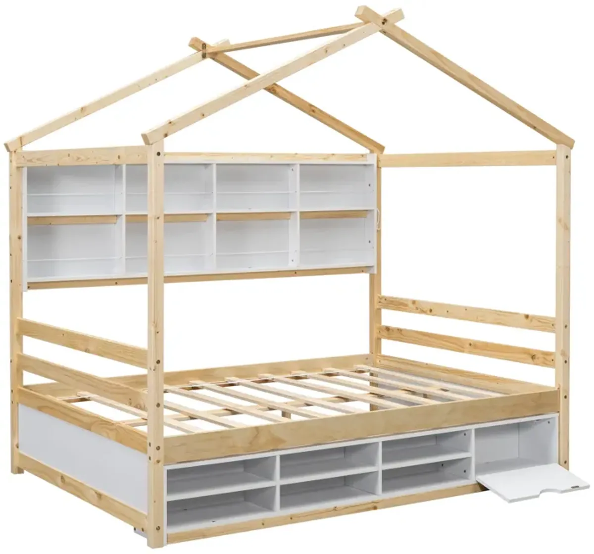 House Bed With Roof Frame, Bedside-Shelves, Under Bed Storage Unit