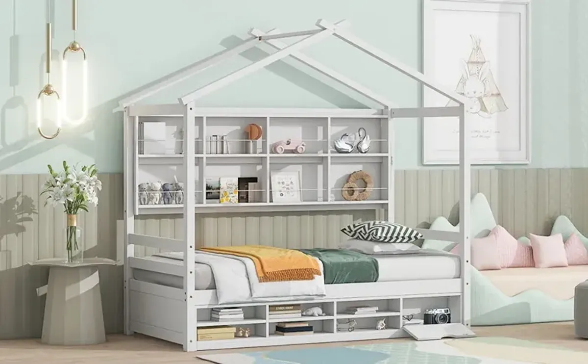 House Bed With Roof Frame, Bedside-Shelves, Under Bed Storage Unit