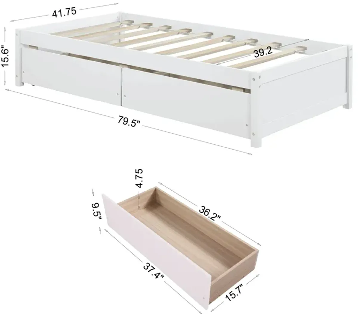 Twin Bed With 2 Drawers, Solid Wood, No Box Spring Needed