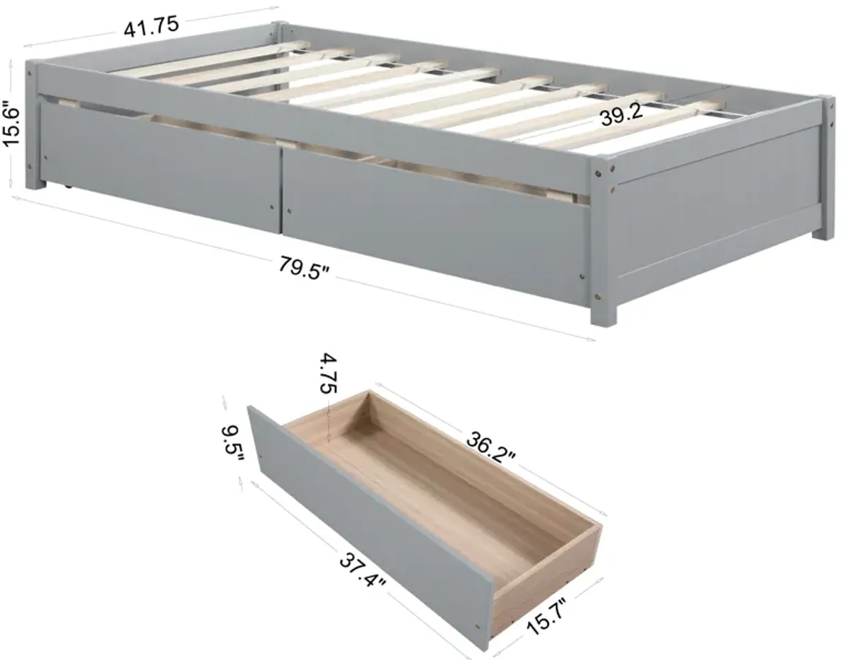 Twin Bed With 2 Drawers, Solid Wood, No Box Spring Needed