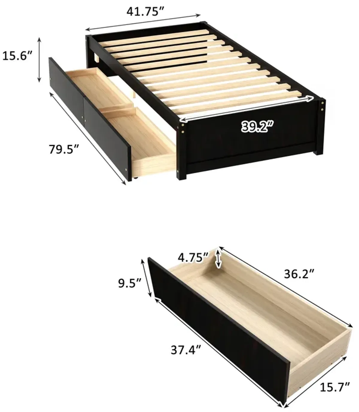 Twin Bed With 2 Drawers, Solid Wood, No Box Spring Needed