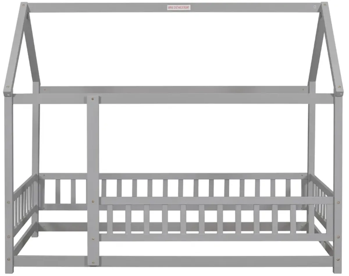 Floor Wooden Bed With House Roof Frame, Fence Guardrails