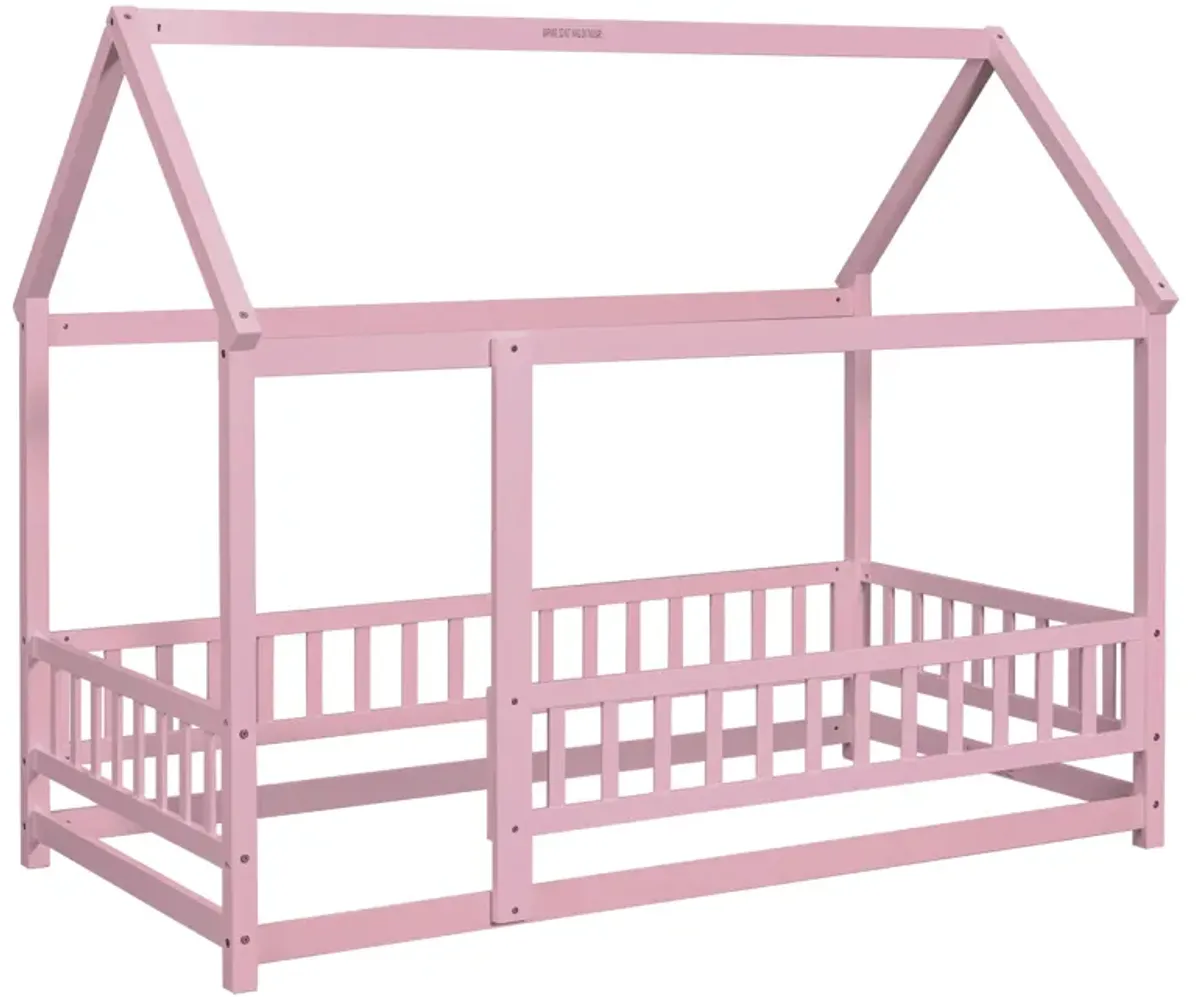 Floor Wooden Bed With House Roof Frame, Fence Guardrails