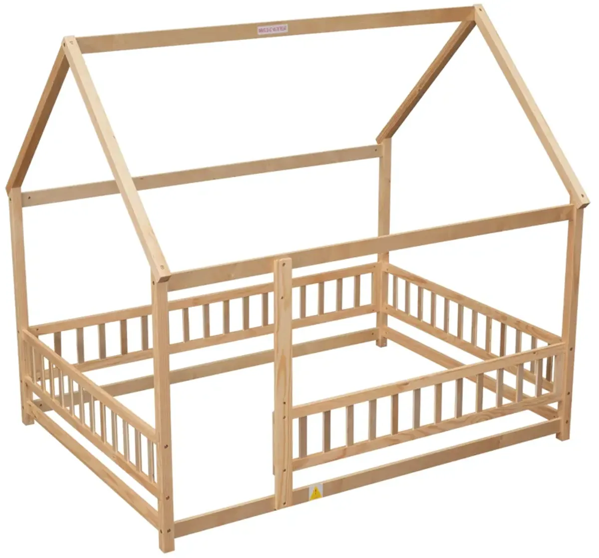 Floor Wooden Bed With House Roof Frame, Fence Guardrails