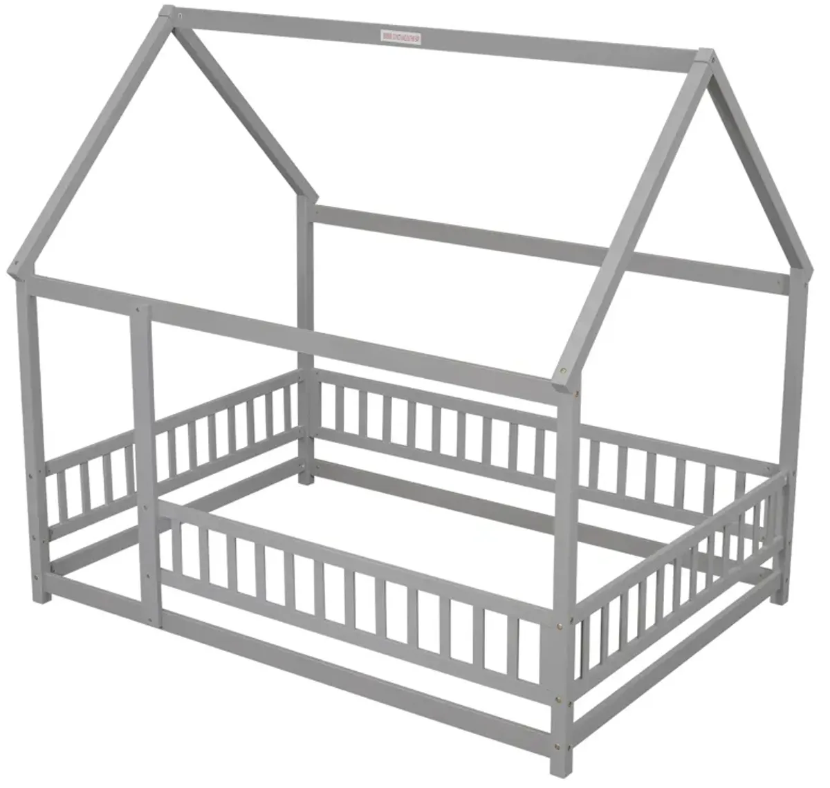 Floor Wooden Bed With House Roof Frame, Fence Guardrails