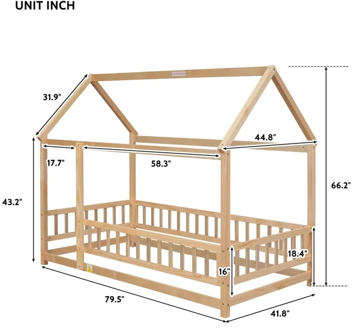 Floor Wooden Bed With House Roof Frame, Fence Guardrails