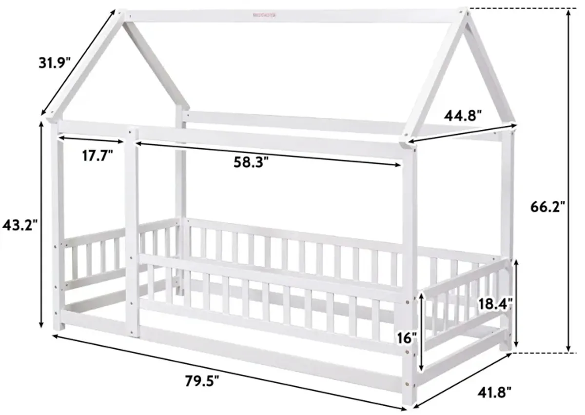 Floor Wooden Bed With House Roof Frame, Fence Guardrails