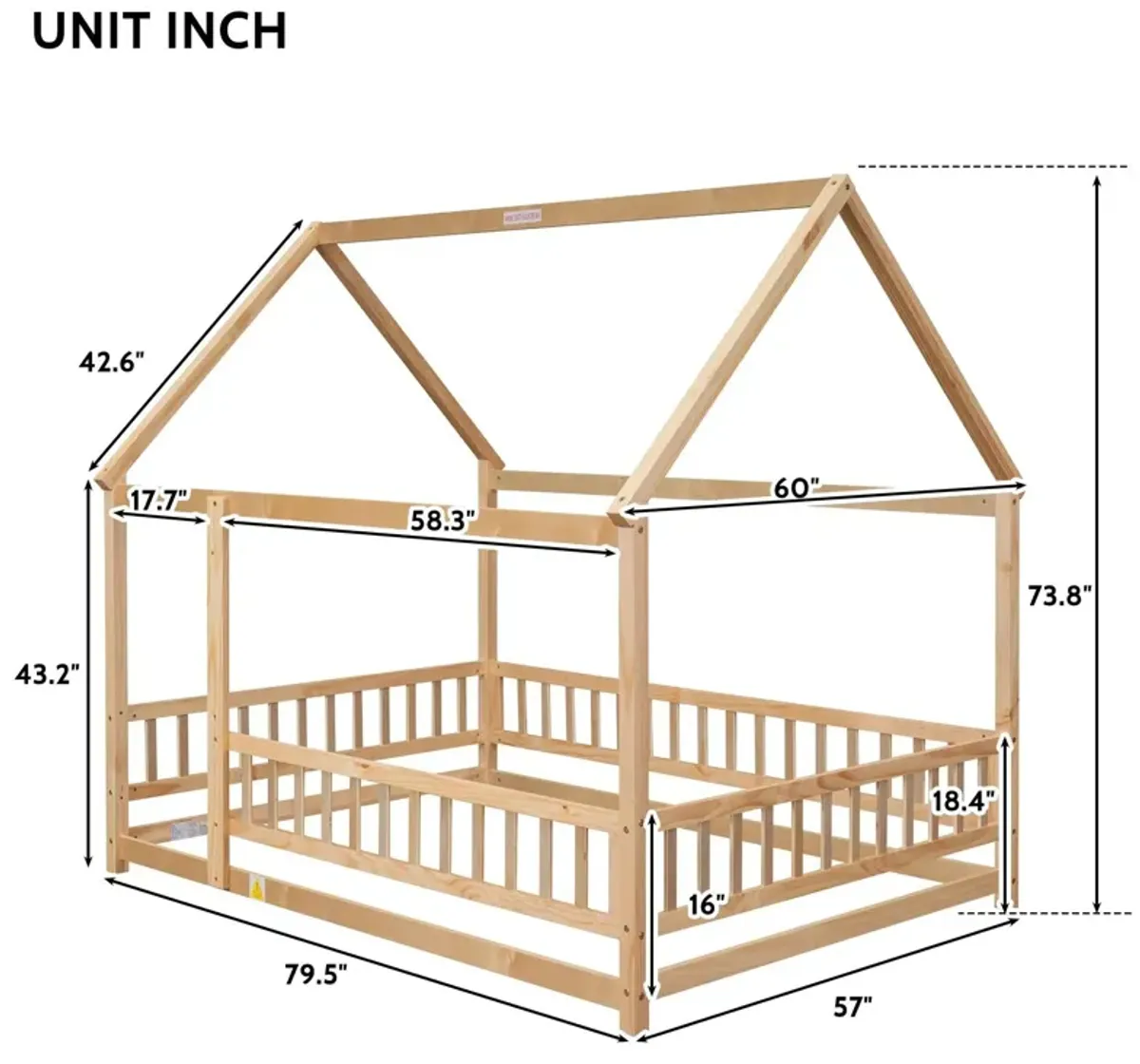 Floor Wooden Bed With House Roof Frame, Fence Guardrails