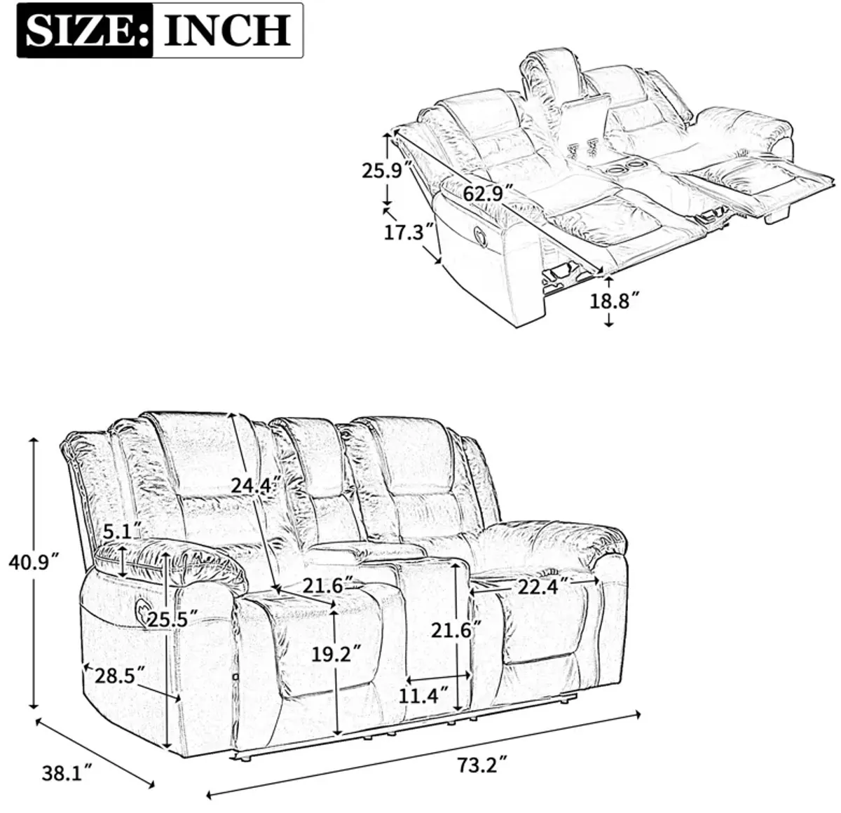 2 Seater Home Theater Recliner Manual Recliner Chair With A Storage Box And Two Cup Holders For Living Room