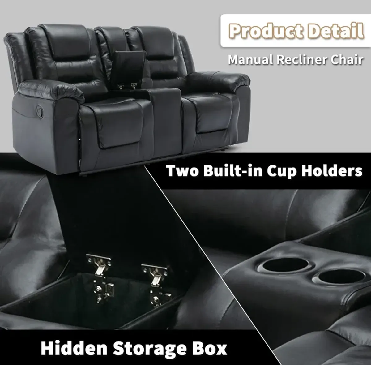 2 Seater Home Theater Recliner Manual Recliner Chair With A Storage Box And Two Cup Holders For Living Room