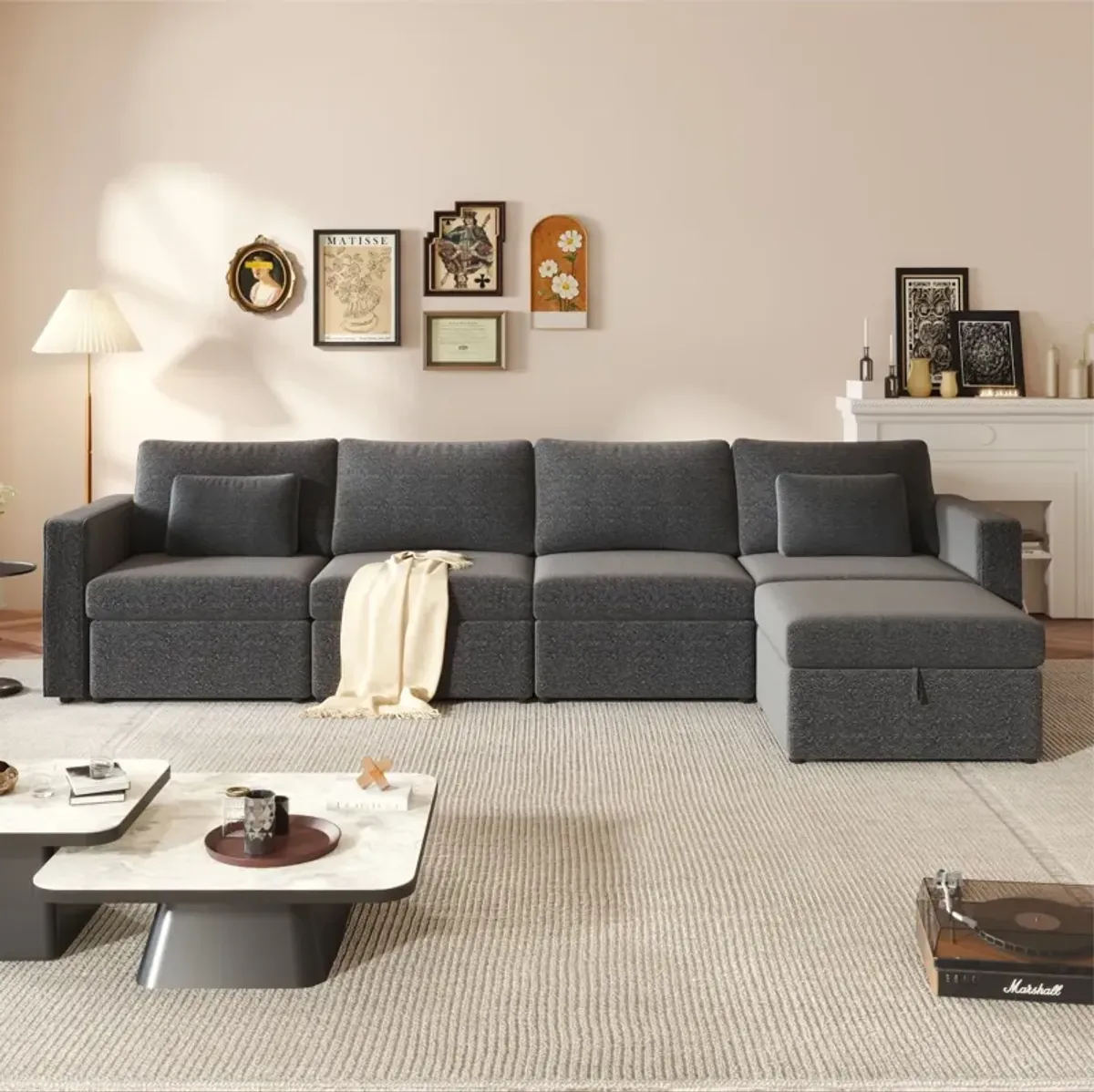 Modern Cotton Linen Modular Sectional Sofa, L Shape Convertible Sofa Set With Pillows, Oversized Sectional Couches With Storage Ottomans For Living Room, Loft, Apartment, Office 5 Seats