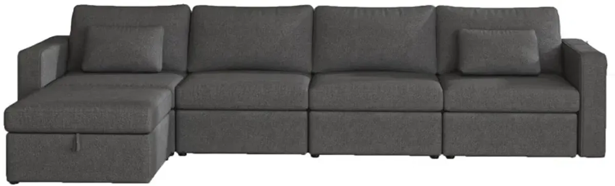 Modern Cotton Linen Modular Sectional Sofa, L Shape Convertible Sofa Set With Pillows, Oversized Sectional Couches With Storage Ottomans For Living Room, Loft, Apartment, Office 5 Seats