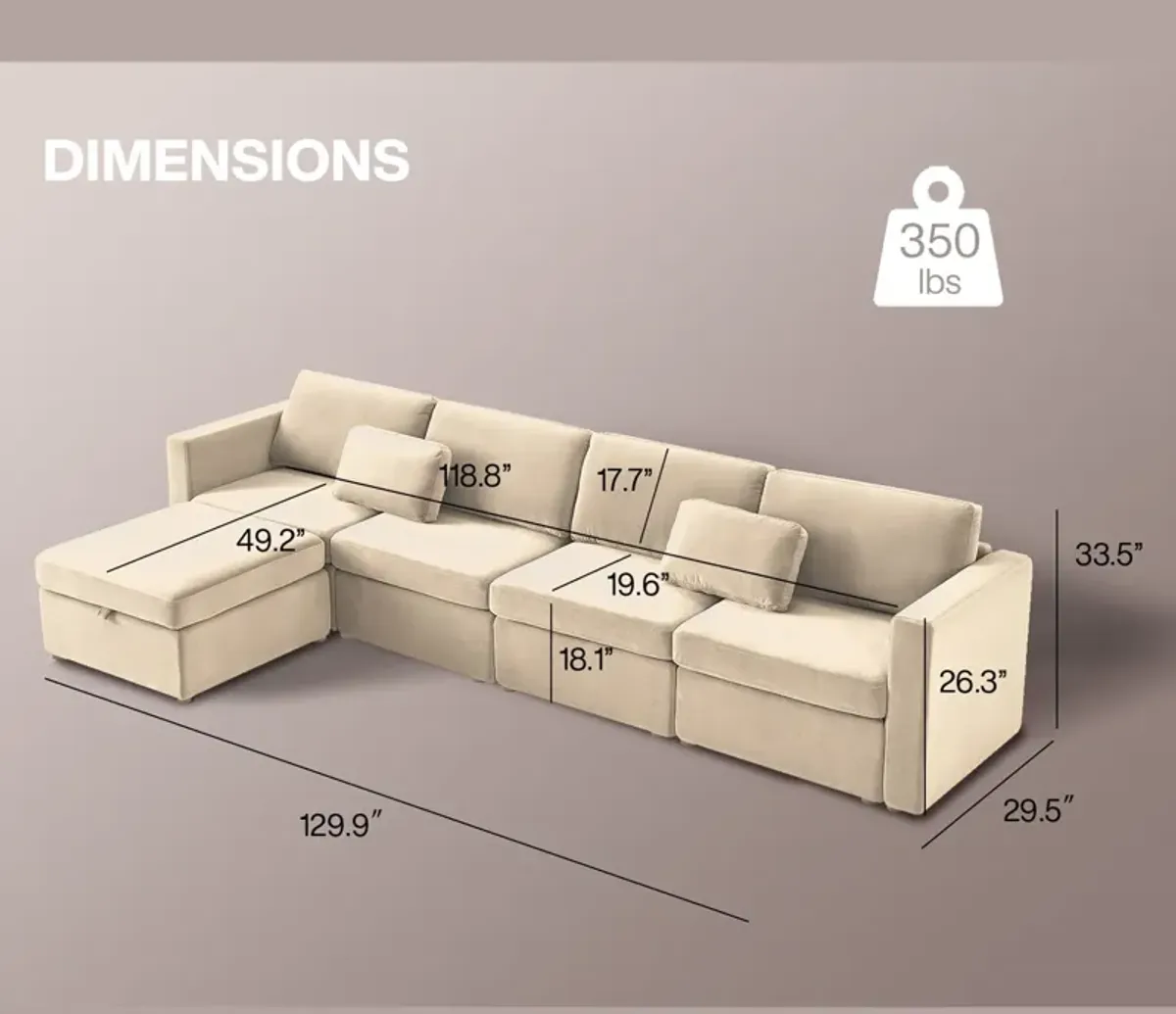 Modern Cotton Linen Modular Sectional Sofa, L Shape Convertible Sofa Set With Pillows, Oversized Sectional Couches With Storage Ottomans For Living Room, Loft, Apartment, Office 5 Seats