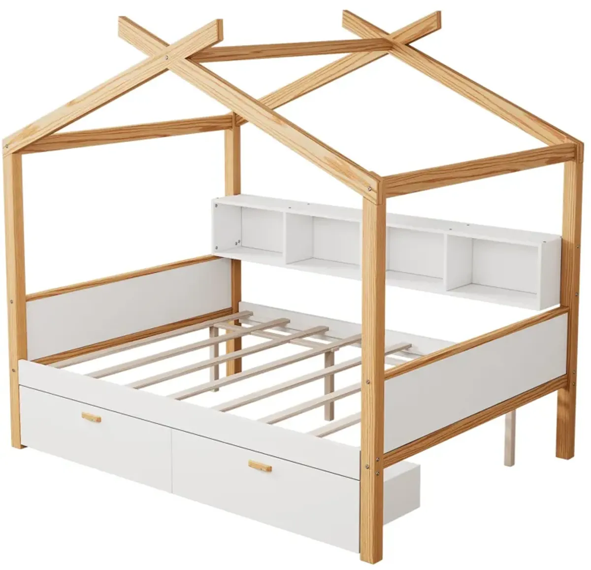 Wooden House Bed Original Wood Colored Frame With Two Drawers And Bookshelf Storage Space For Children Or Guest Room