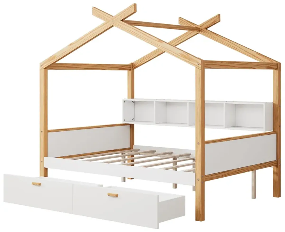 Wooden House Bed Original Wood Colored Frame With Two Drawers And Bookshelf Storage Space For Children Or Guest Room