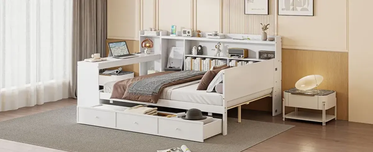 Wooden Daybed With 3 Drawers, USB Ports And Desk