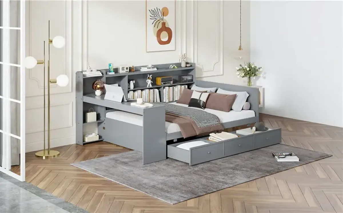 Wooden Daybed With 3 Drawers, USB Ports And Desk