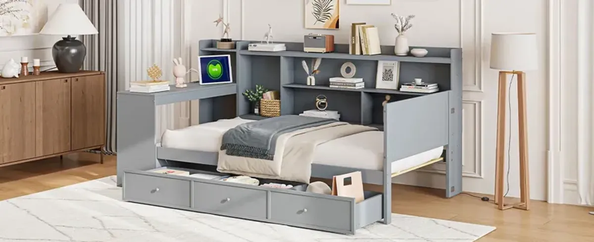 Wooden Daybed With 3 Drawers, USB Ports And Desk