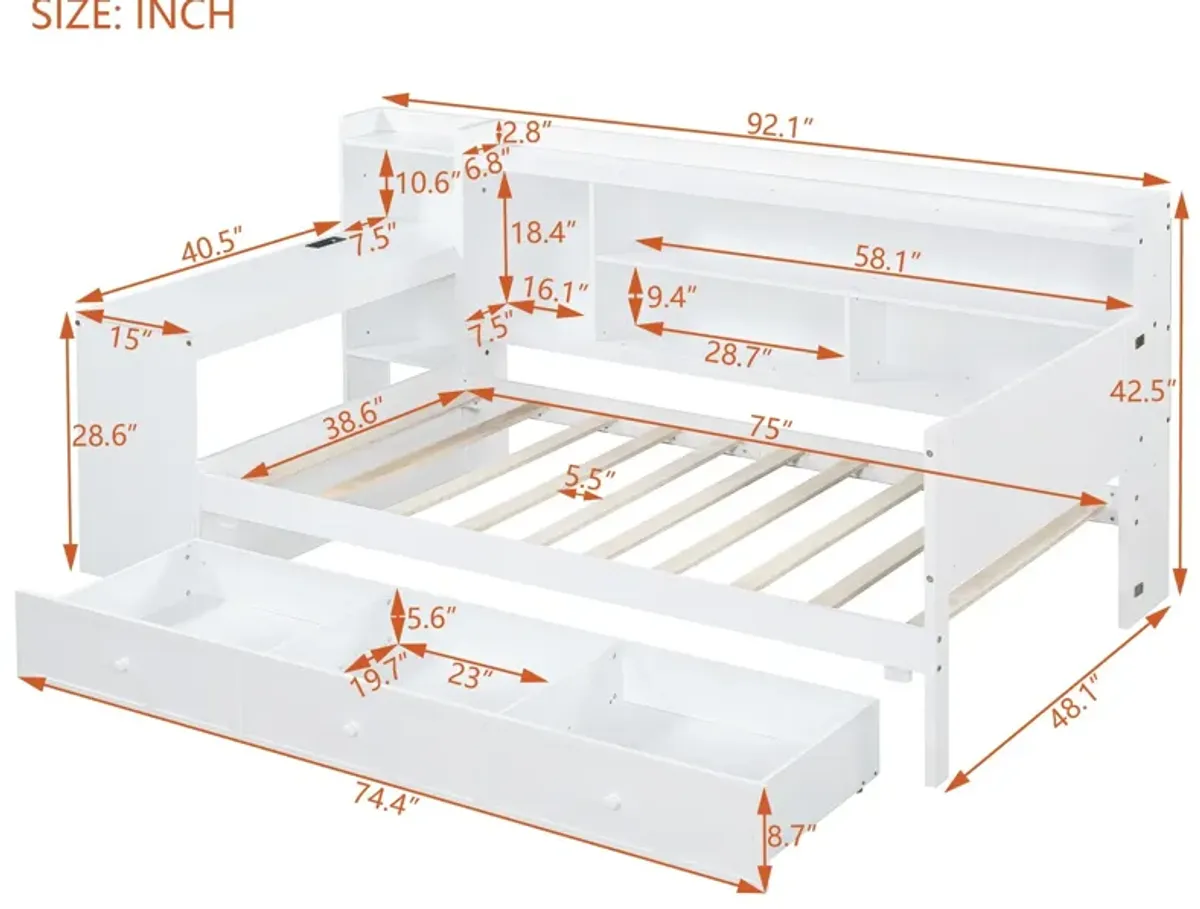 Wooden Daybed With 3 Drawers, USB Ports And Desk