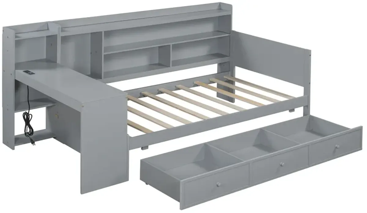 Wooden Daybed With 3 Drawers, USB Ports And Desk