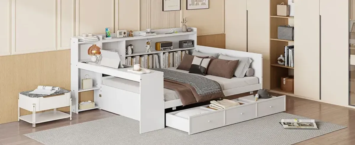 Wooden Daybed With 3 Drawers, USB Ports And Desk