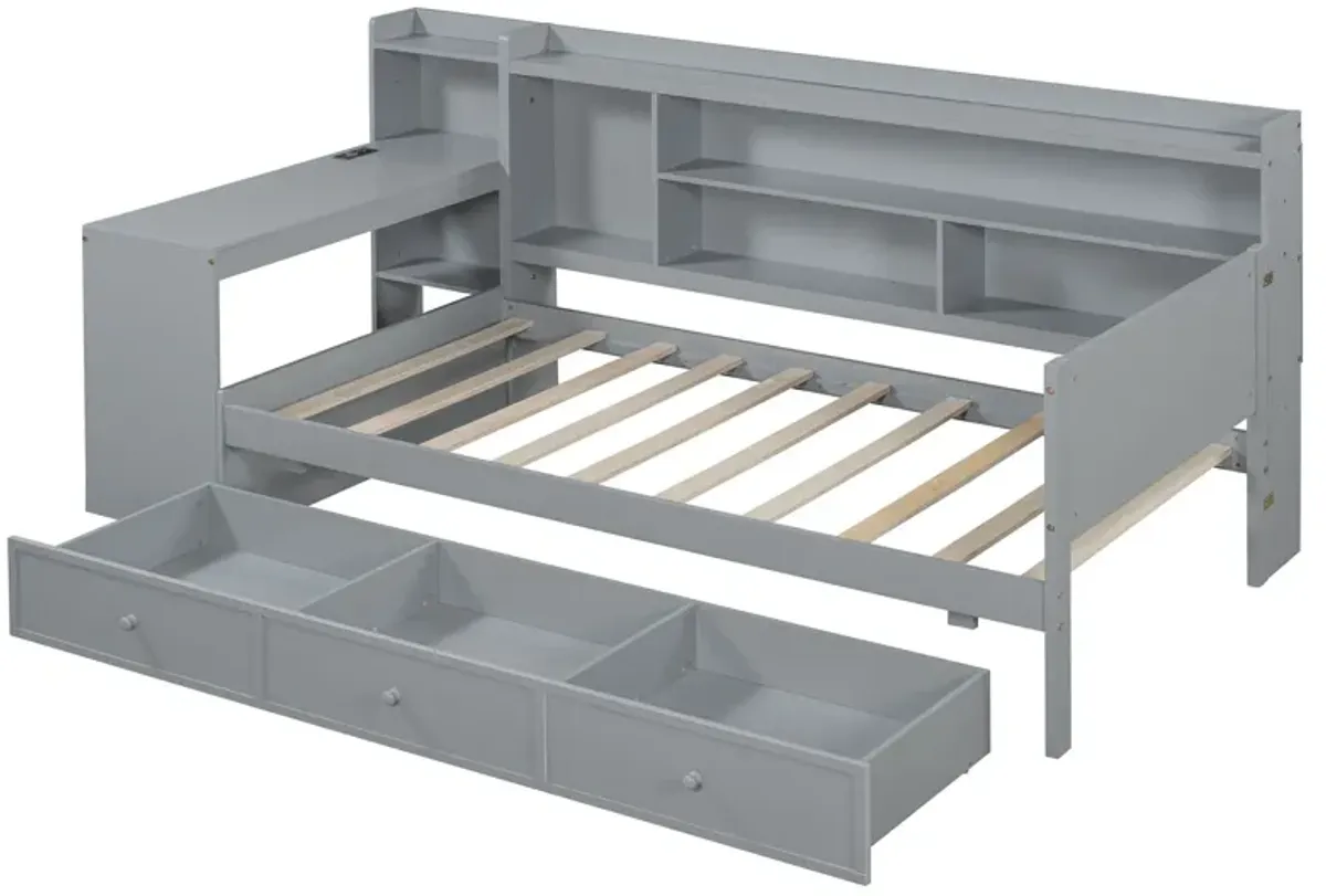 Wooden Daybed With 3 Drawers, USB Ports And Desk