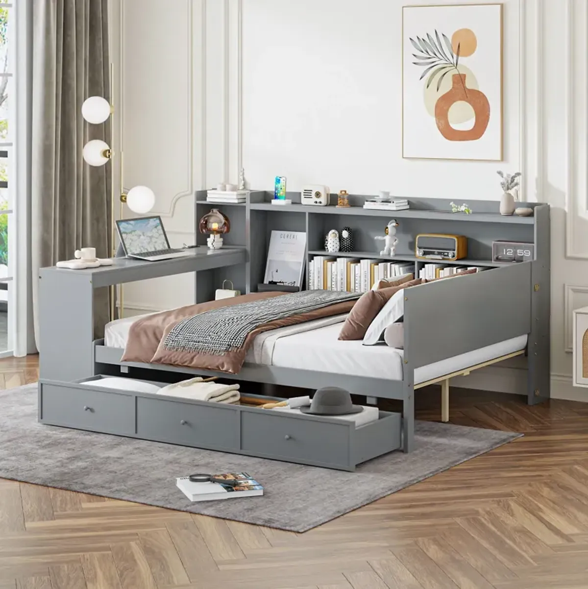 Wooden Daybed With 3 Drawers, USB Ports And Desk