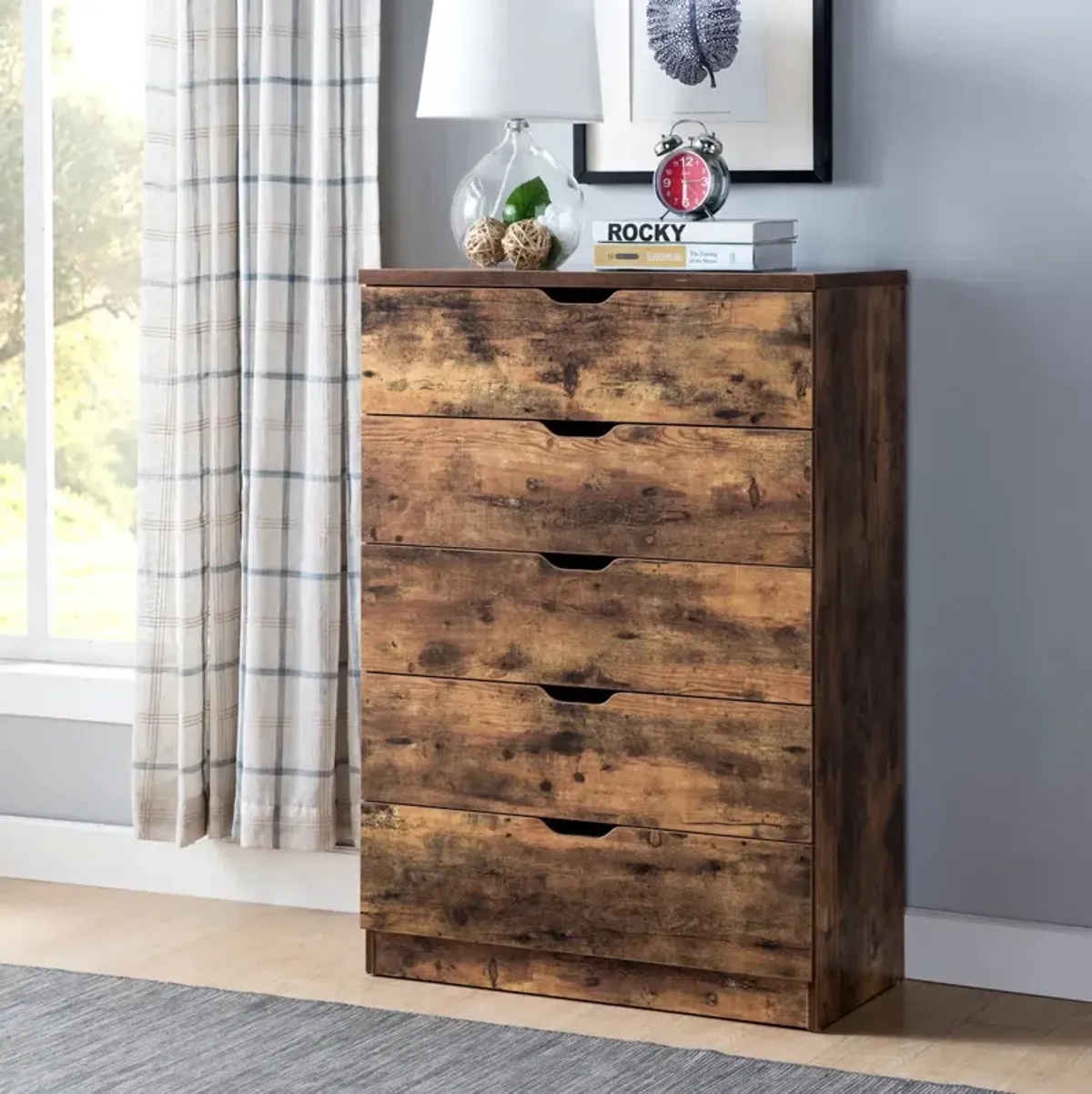 5 Drawer Bedroom Chest Dresser, Distressed Wood Cabinet