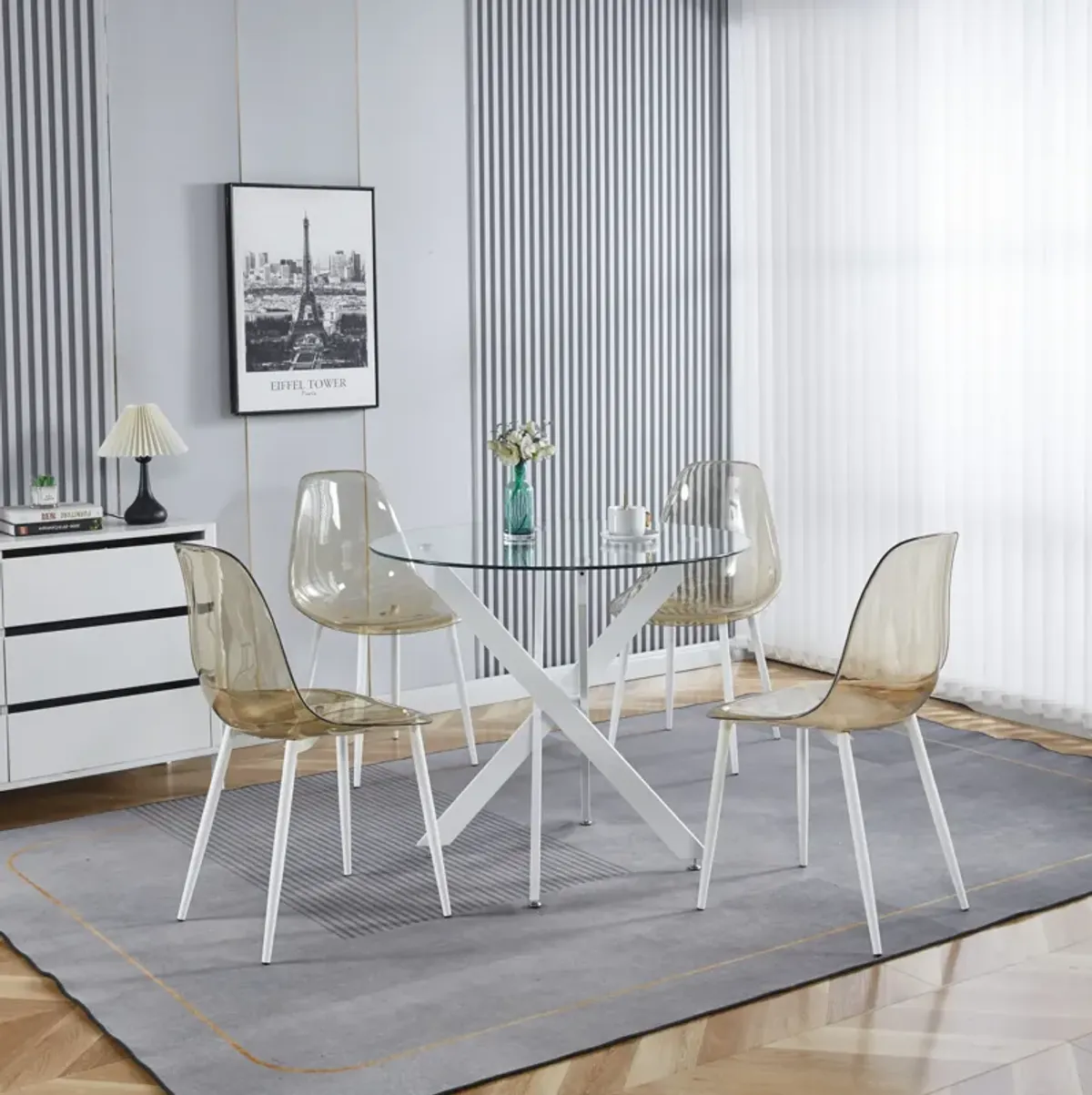 Dining Table With Cross Metal Leg And Tempered Glass, Modern Space Saving Kitchen Table For Living Room