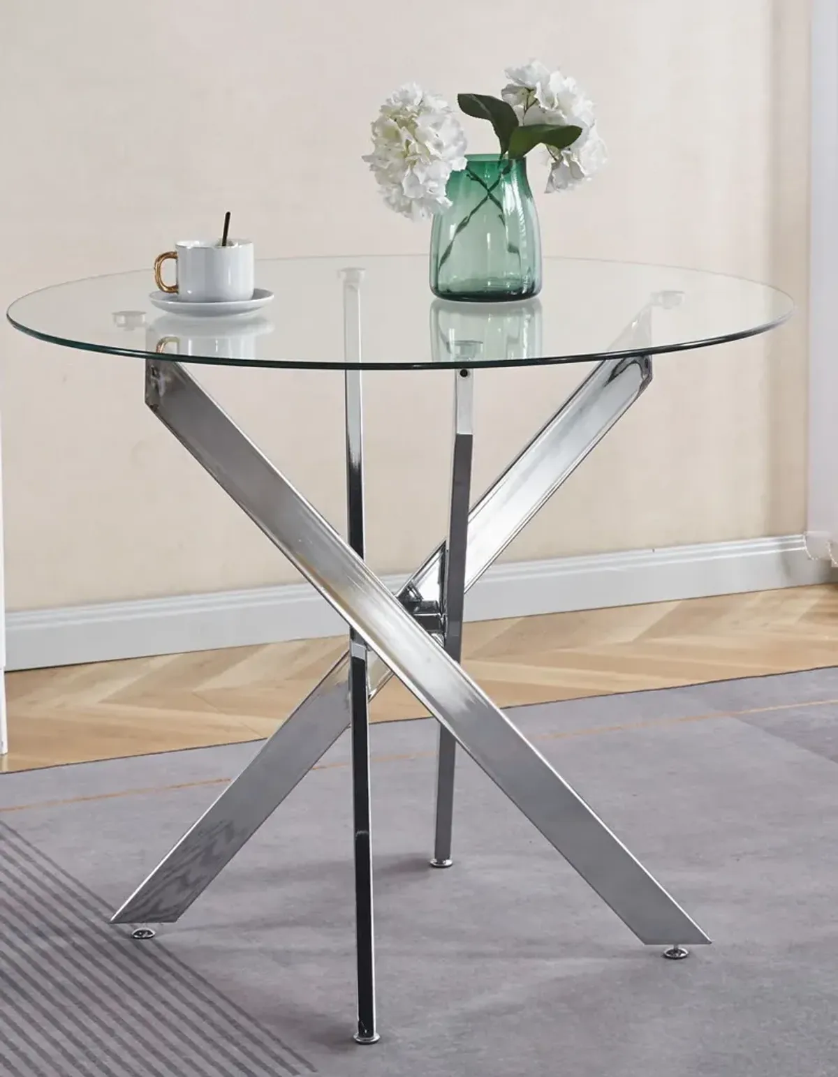 Dining Table With Cross Metal Leg And Tempered Glass, Modern Space Saving Kitchen Table For Living Room