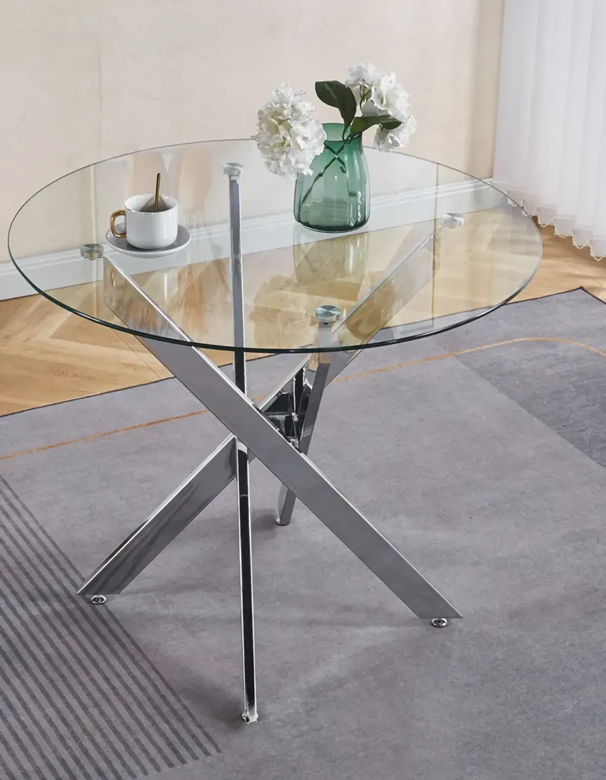 Dining Table With Cross Metal Leg And Tempered Glass, Modern Space Saving Kitchen Table For Living Room