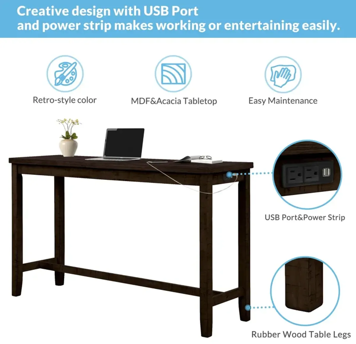 Topmax - 4 Pieces Counter Height Table With Fabric Padded Stools, Rustic Bar Dining Set With Socket