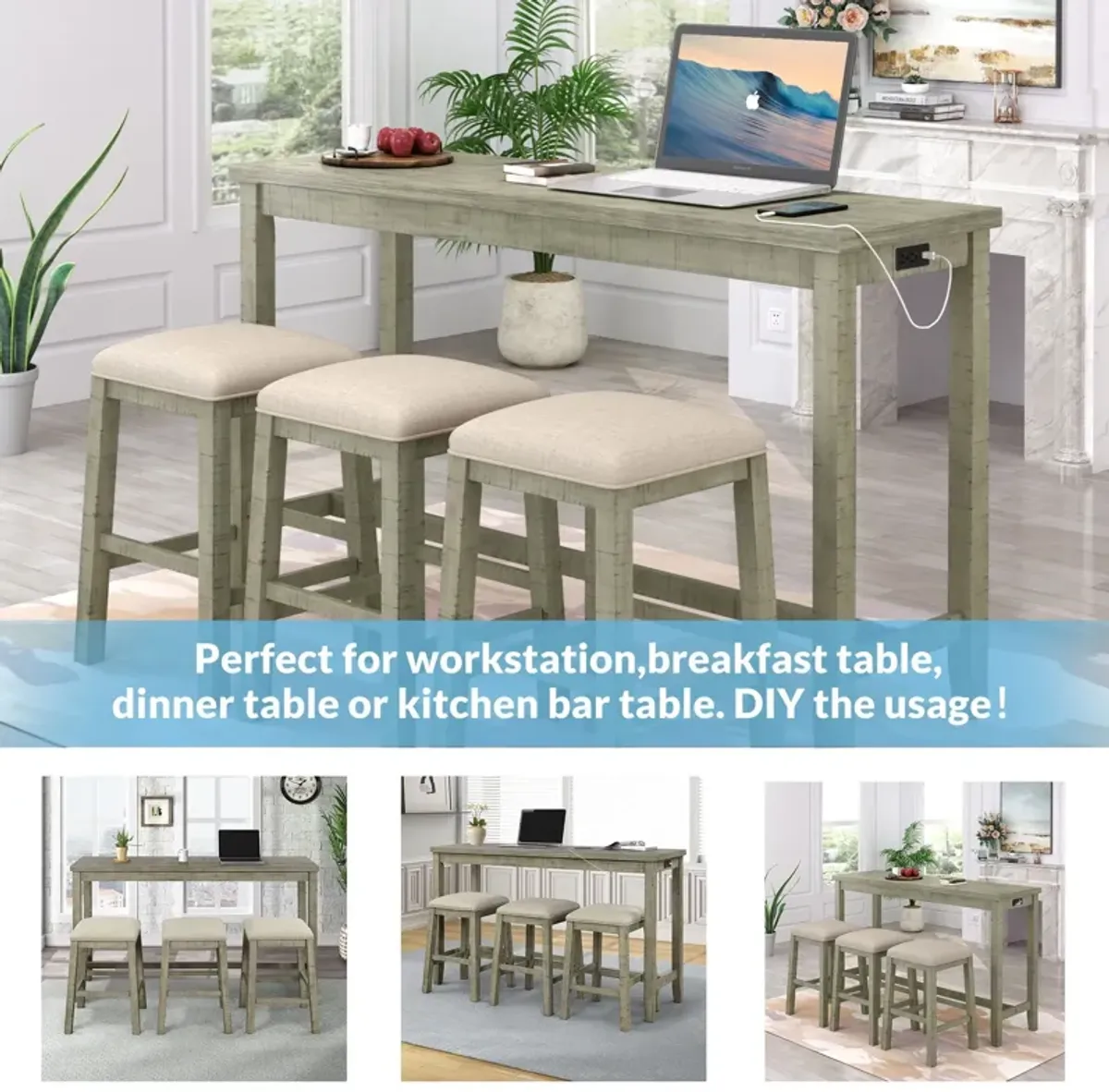 Topmax - 4 Pieces Counter Height Table With Fabric Padded Stools, Rustic Bar Dining Set With Socket