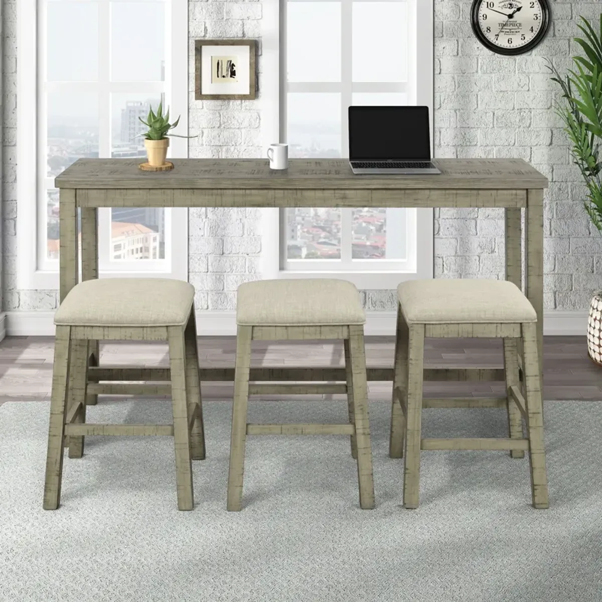 Topmax - 4 Pieces Counter Height Table With Fabric Padded Stools, Rustic Bar Dining Set With Socket