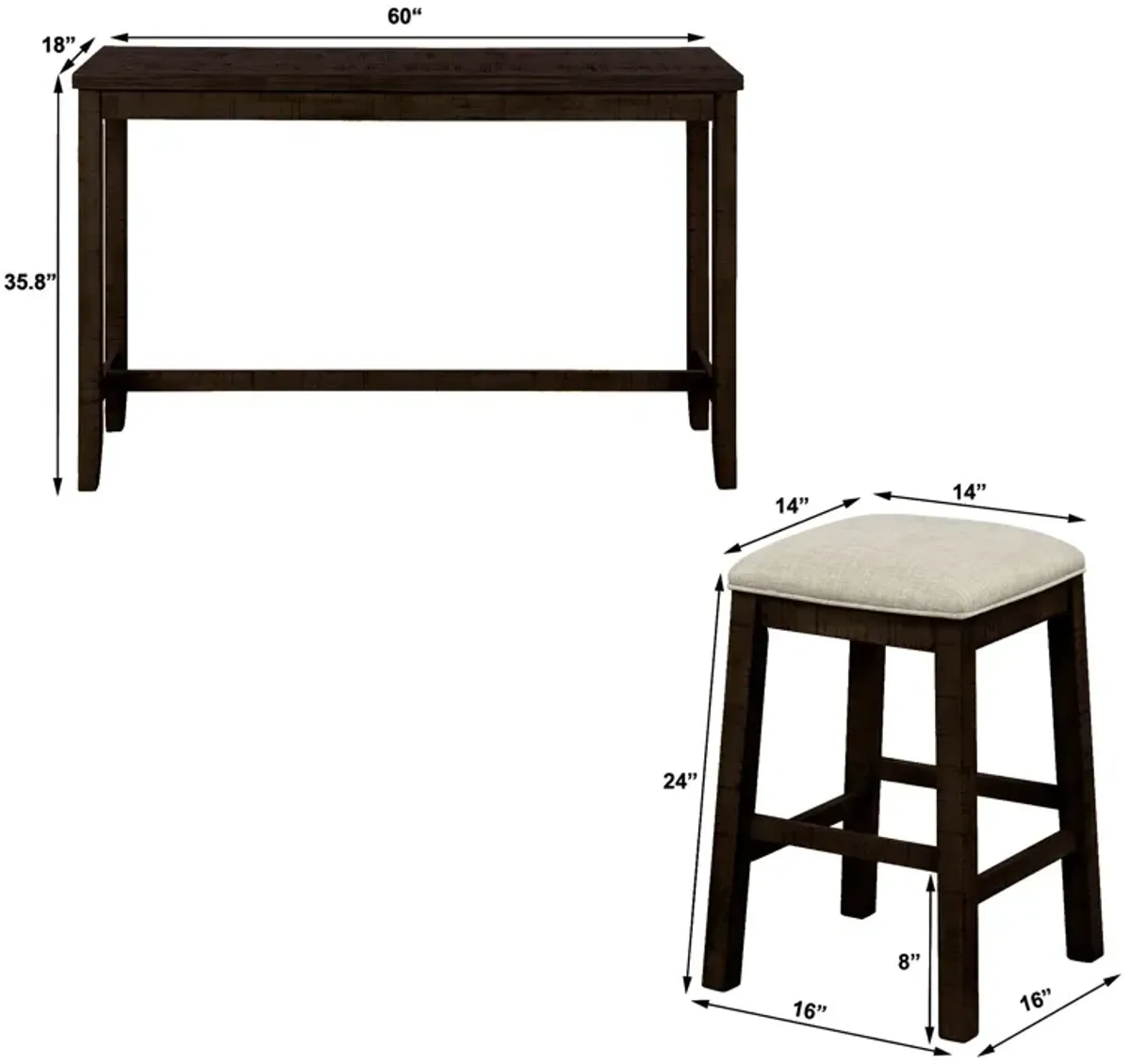 Topmax - 4 Pieces Counter Height Table With Fabric Padded Stools, Rustic Bar Dining Set With Socket