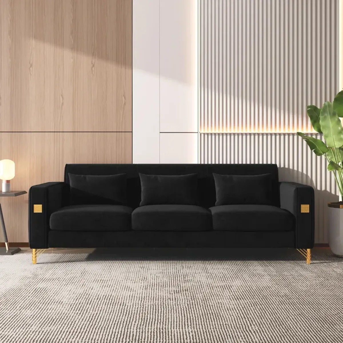 Velvet Sofa With Pillows And Gold Finish Metal Leg For Living Room