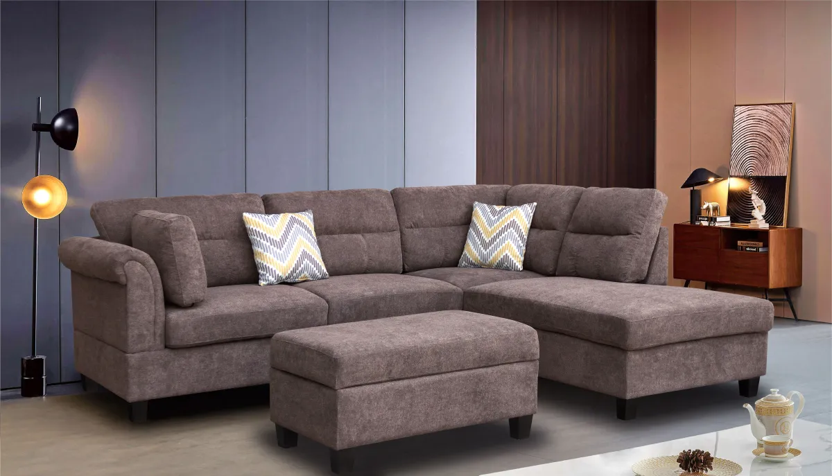 Diego - Fabric Sectional Sofa With Right Facing Chaise, Storage Ottoman, And 2 Accent Pillows