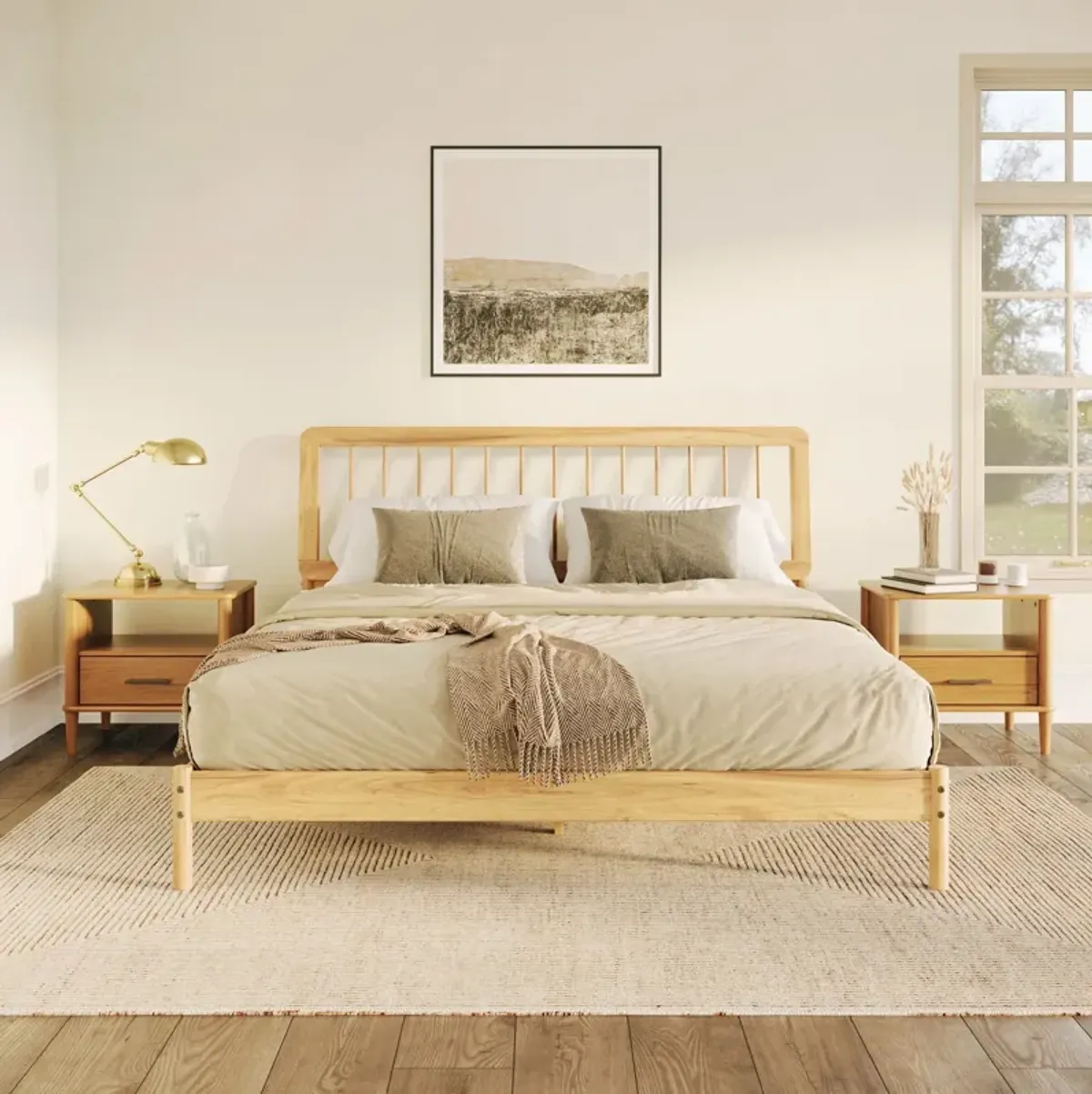 Mid-Century Modern Solid Wood Spindle Bed