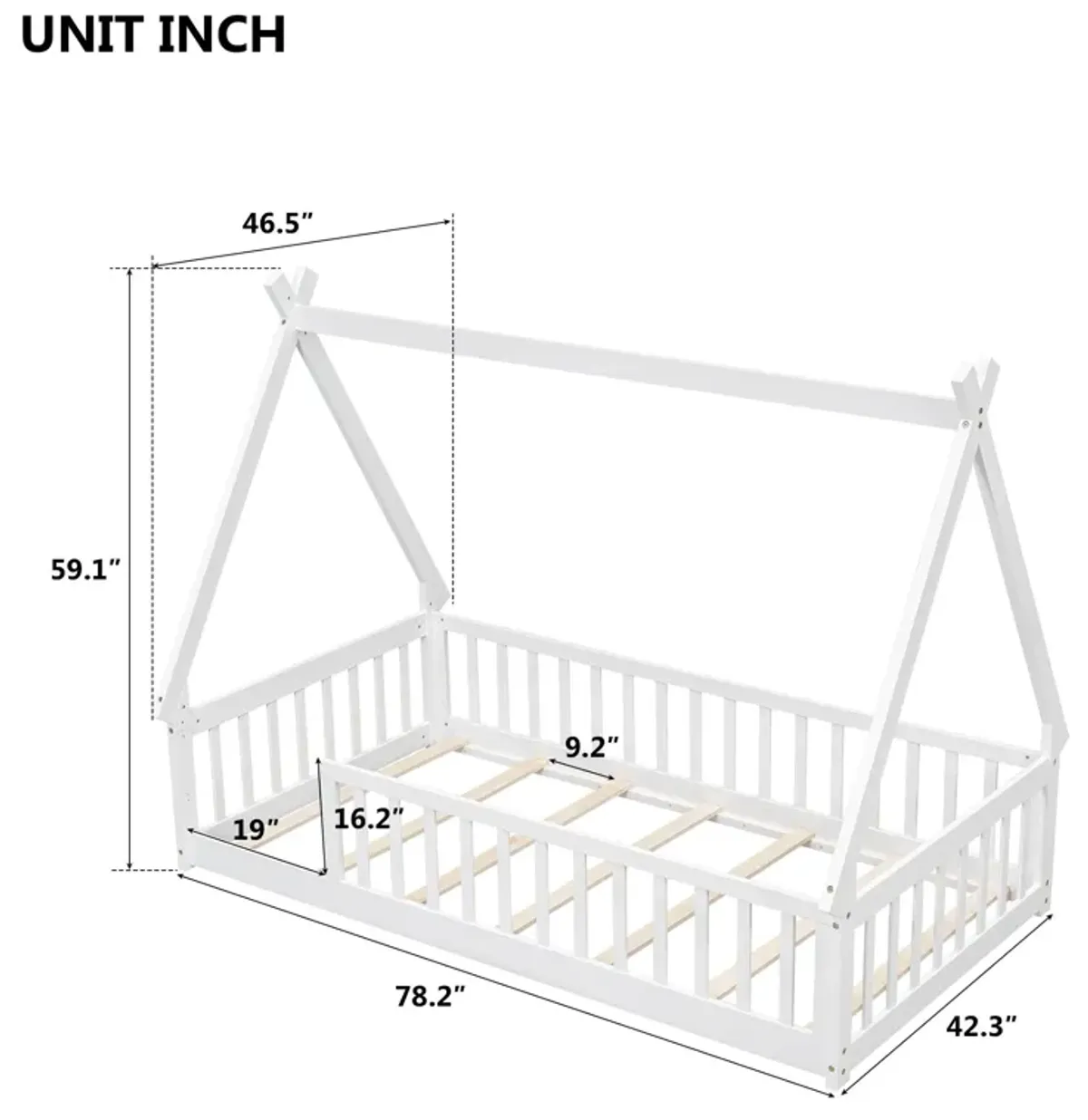 Tent-Shaped Floor Bed, Teepee Bed With Guardrails, Slats