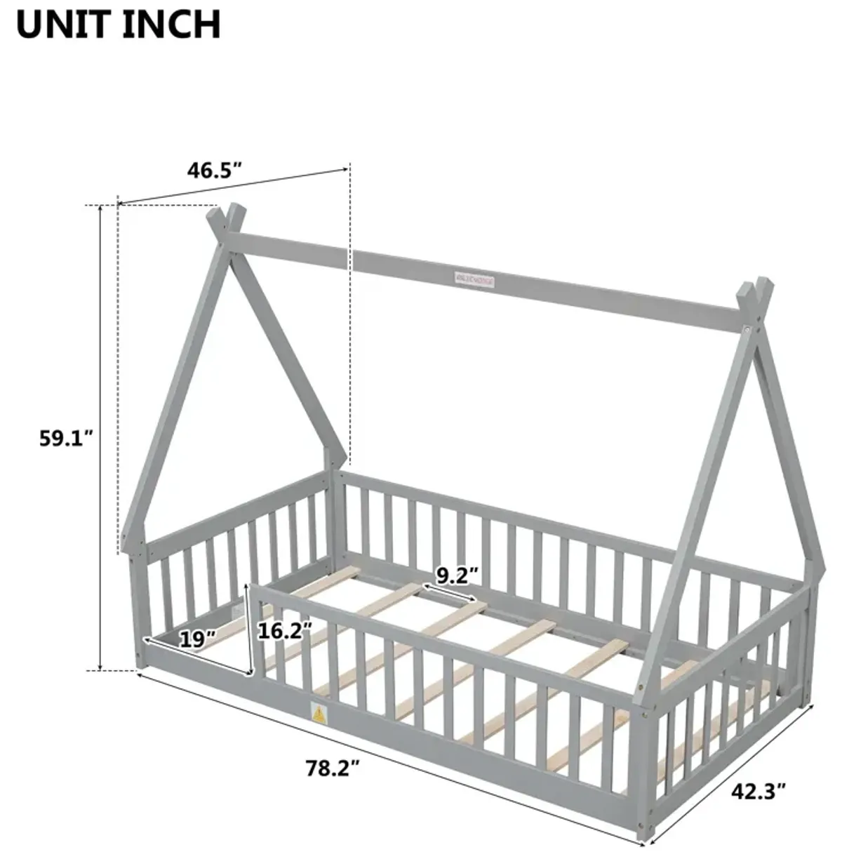 Tent-Shaped Floor Bed, Teepee Bed With Guardrails, Slats