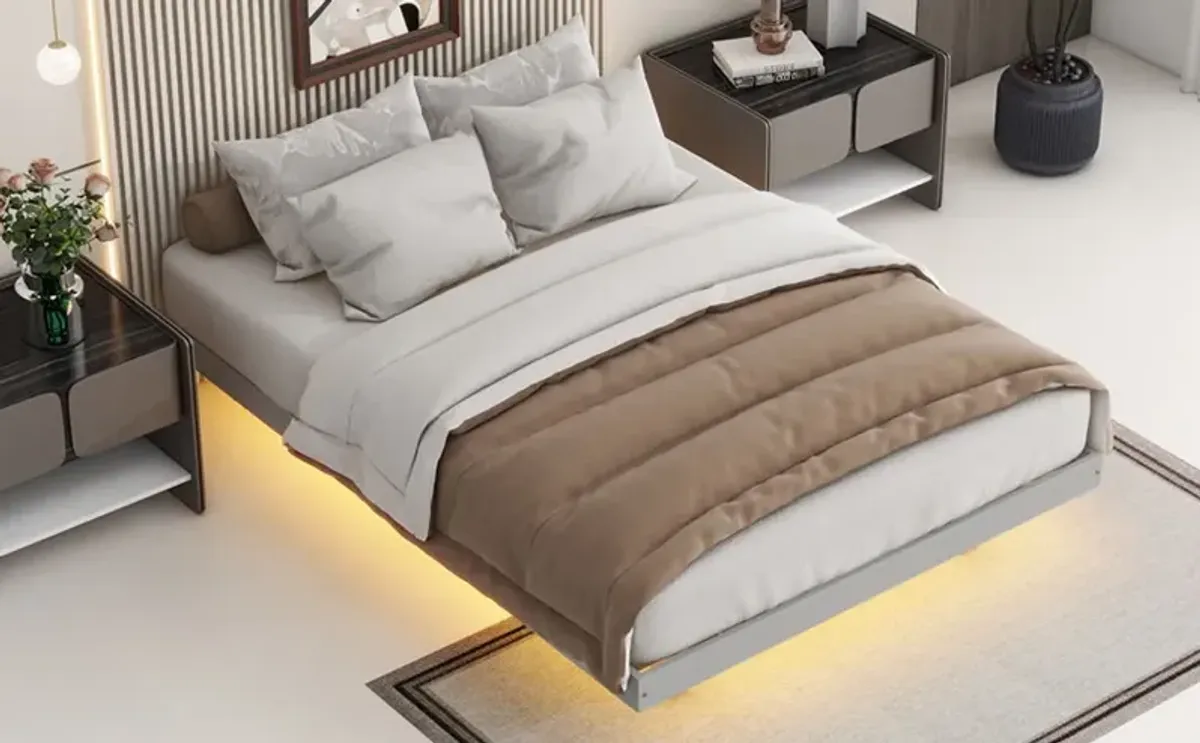 Floating Bed With LED Lights Underneath, Modern Low Profile Platform Bed With LED Lights