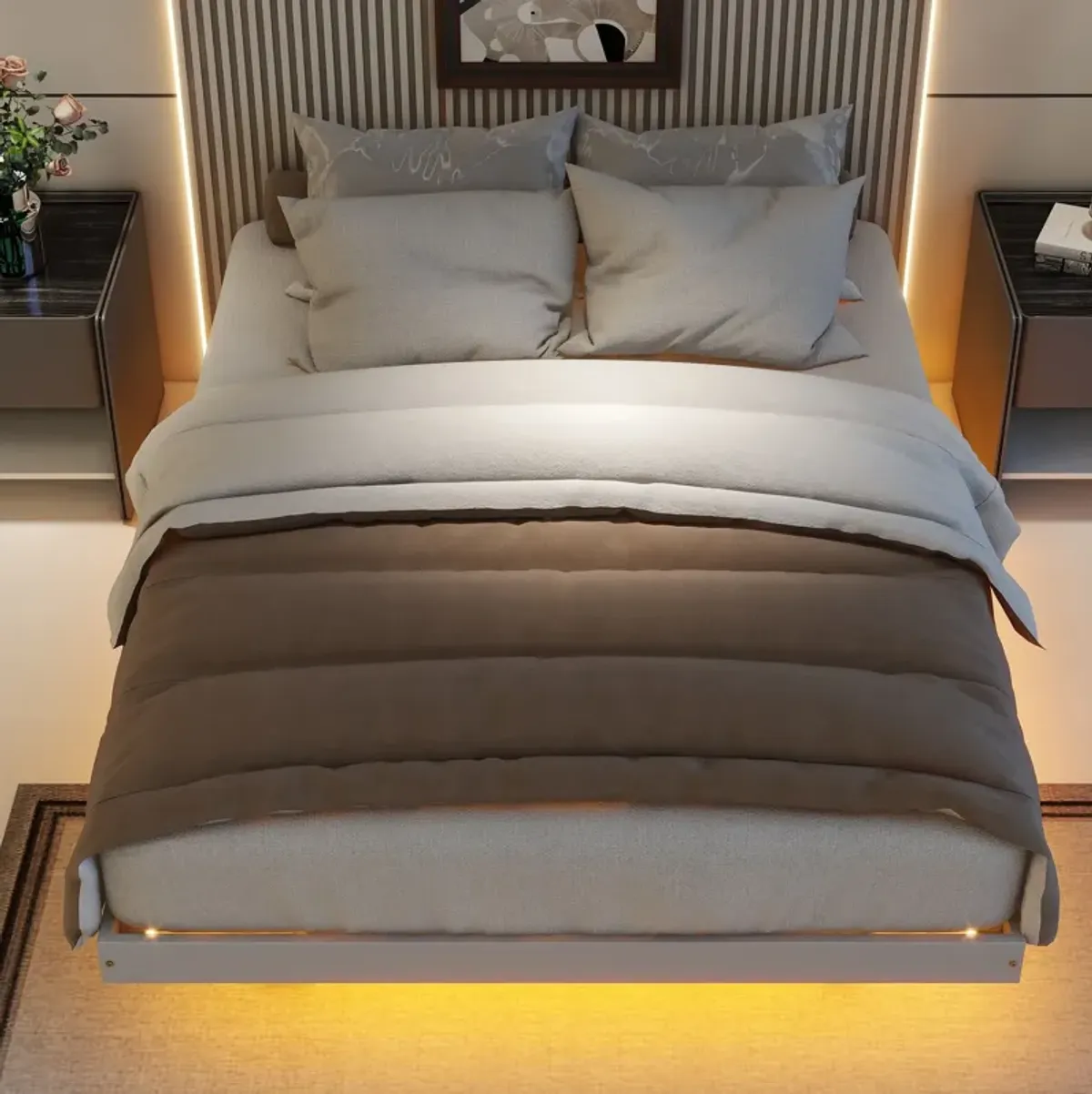 Floating Bed With LED Lights Underneath, Modern Low Profile Platform Bed With LED Lights