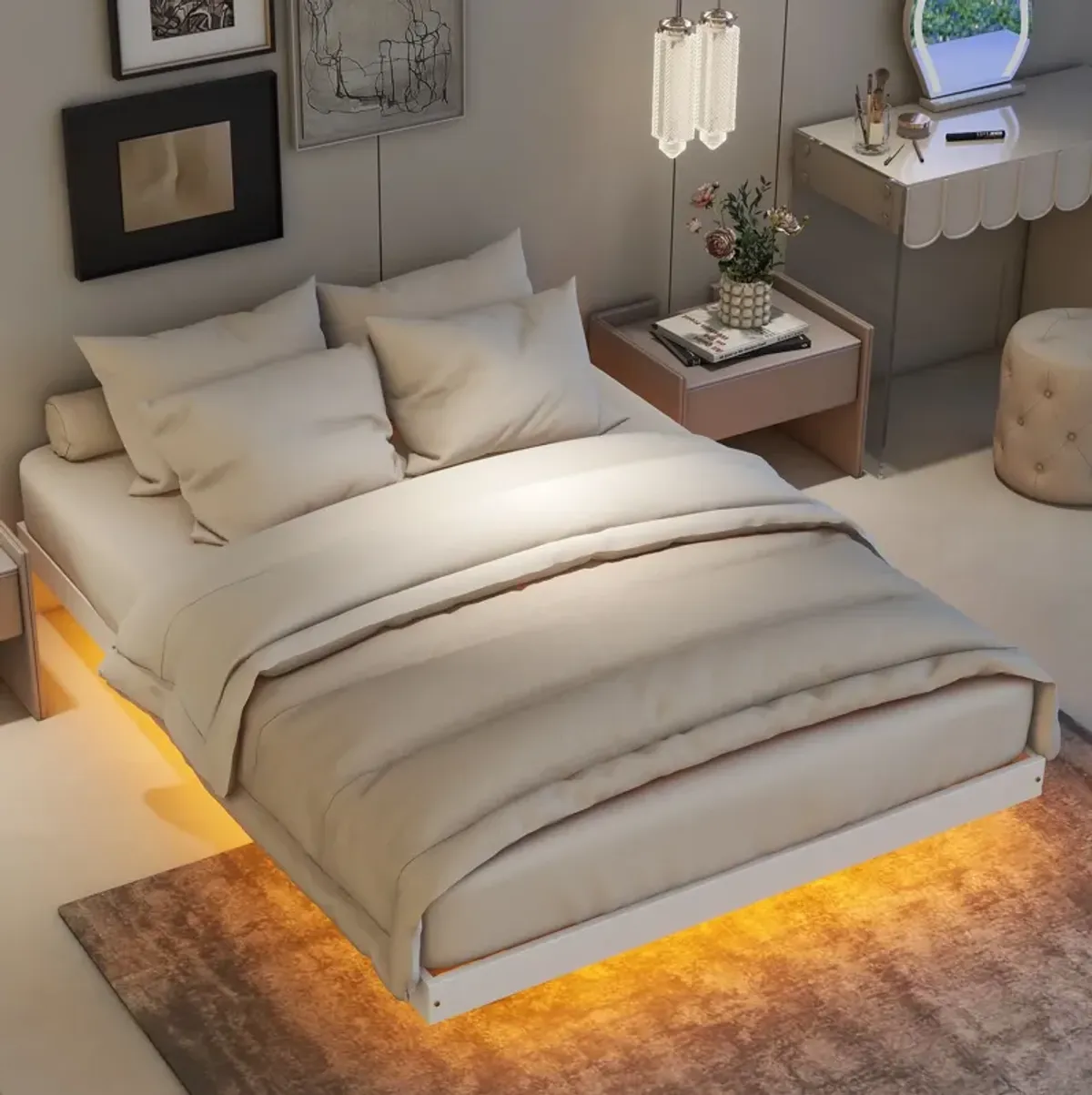 Floating Bed With LED Lights Underneath, Modern Low Profile Platform Bed With LED Lights