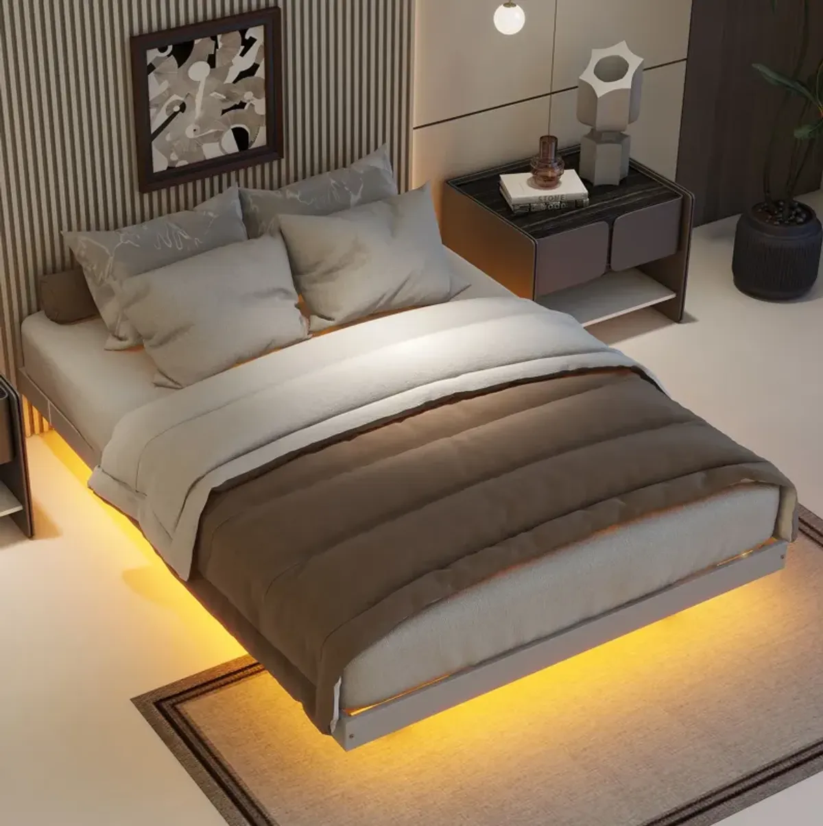 Floating Bed With LED Lights Underneath, Modern Low Profile Platform Bed With LED Lights