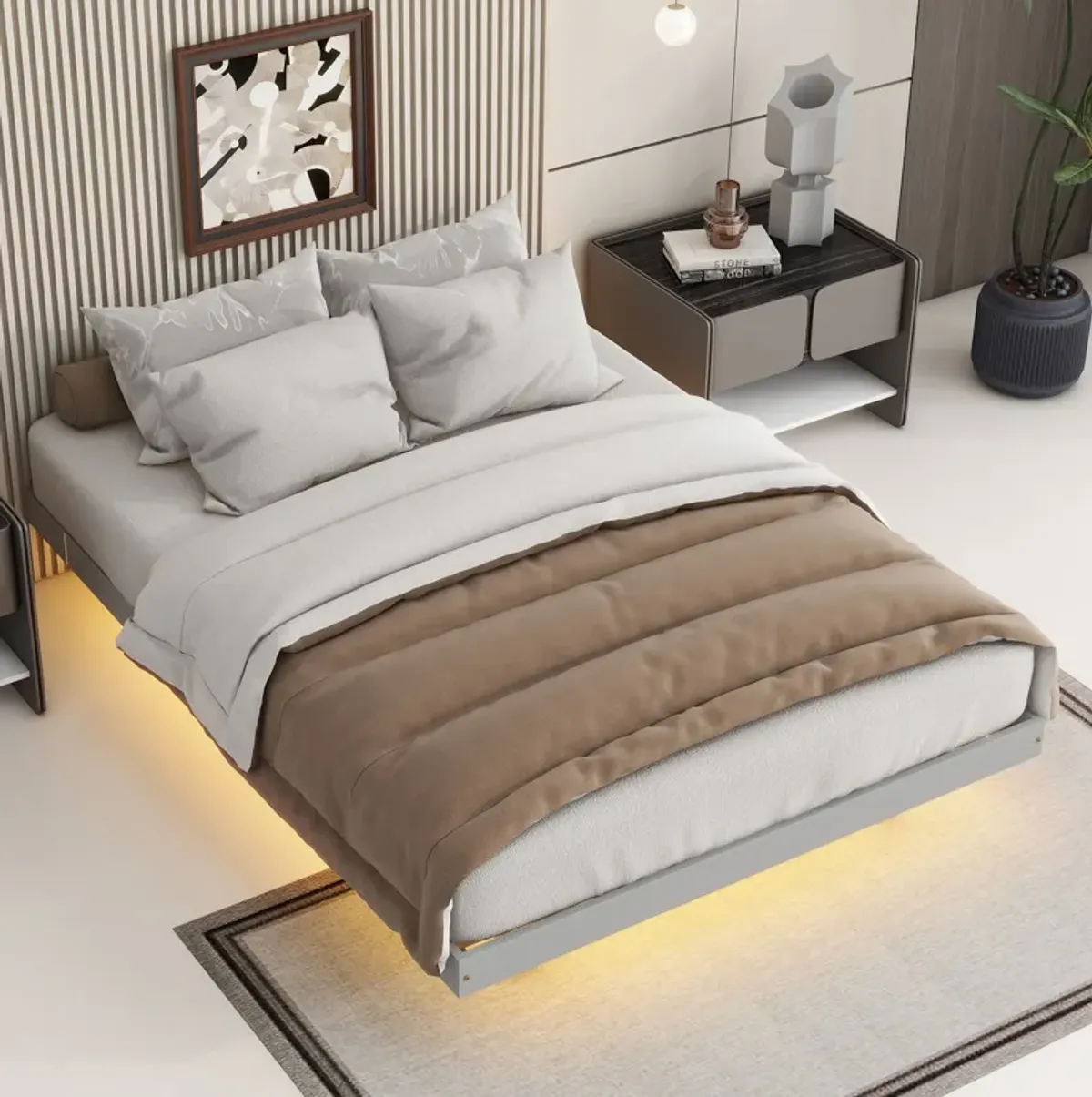 Floating Bed With LED Lights Underneath, Modern Low Profile Platform Bed With LED Lights