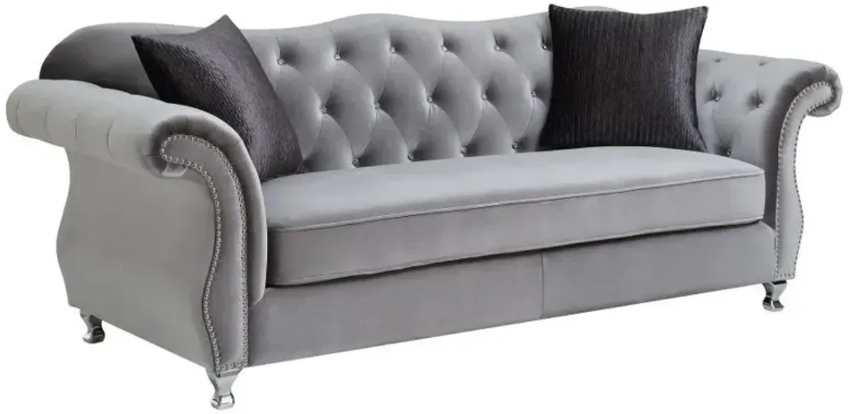 Frostine - Upholstered Rolled Arm Tufted Sofa - Silver